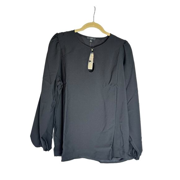 NWT J.Crew Black Puff Sleeve Satin-Back Crepe Top Medium Tall - Picture 1 of 6